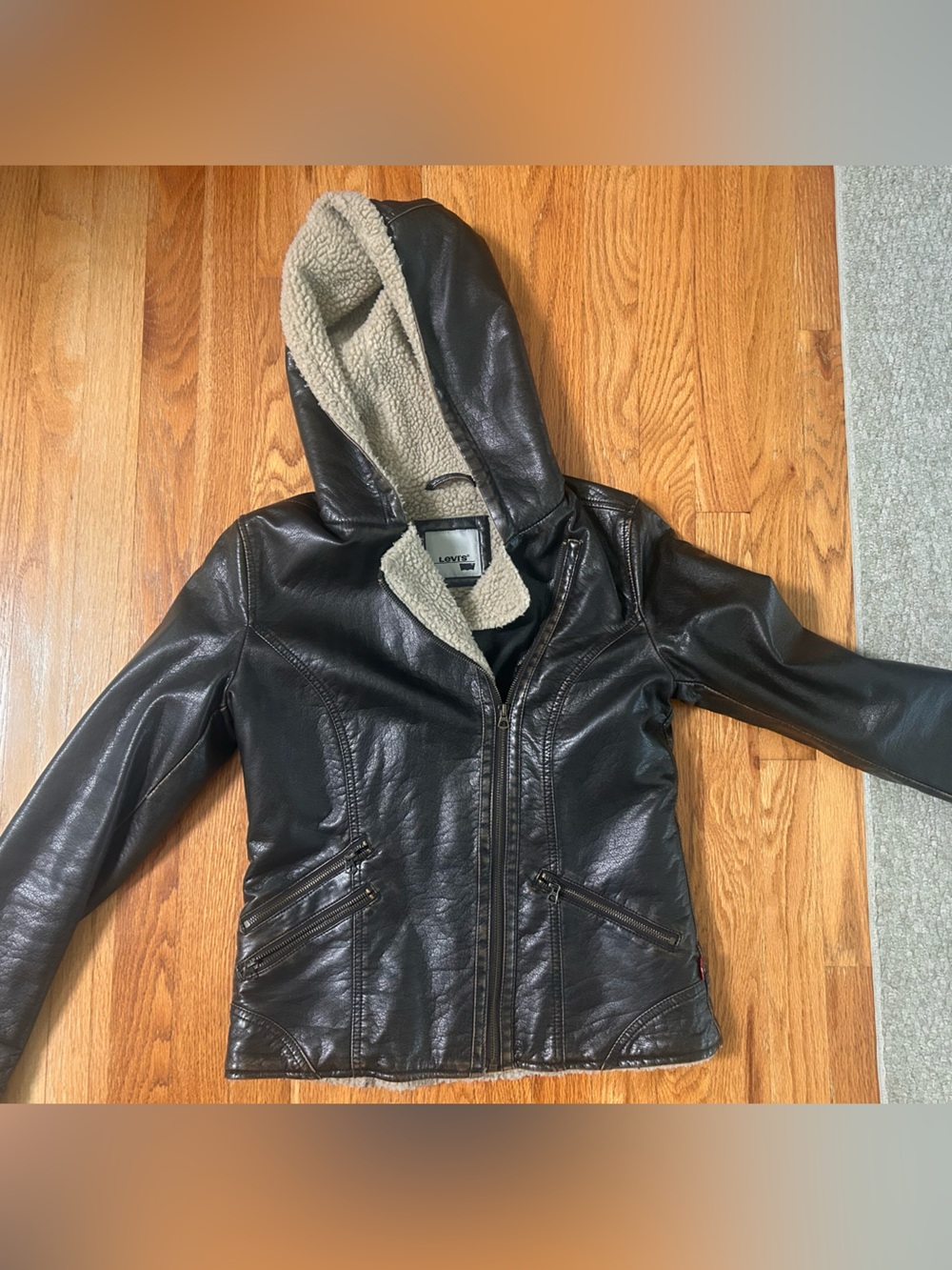Vintage Levi's Dark Brown Faux Leather Jacket with Cream Sherpa Hood